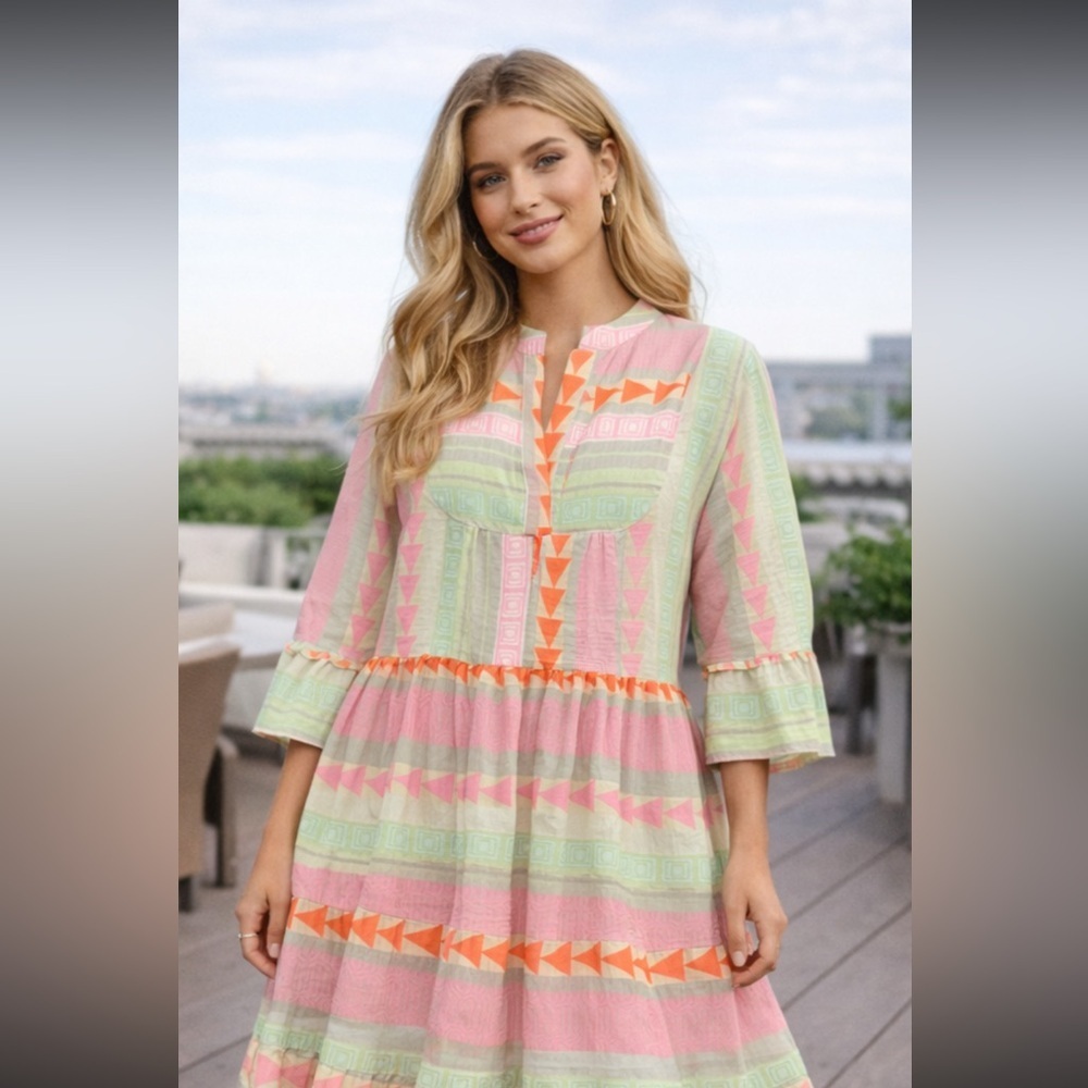 Anthro Luisa Perla tiered bell sleeve boho print dress $240 L nwot spring party